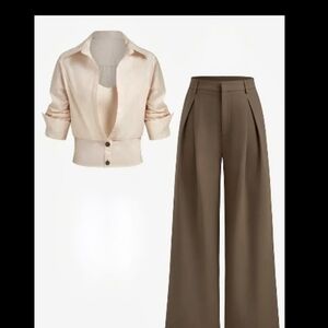 Chic Beige Blouse and Olive Wide-Leg Pants Set